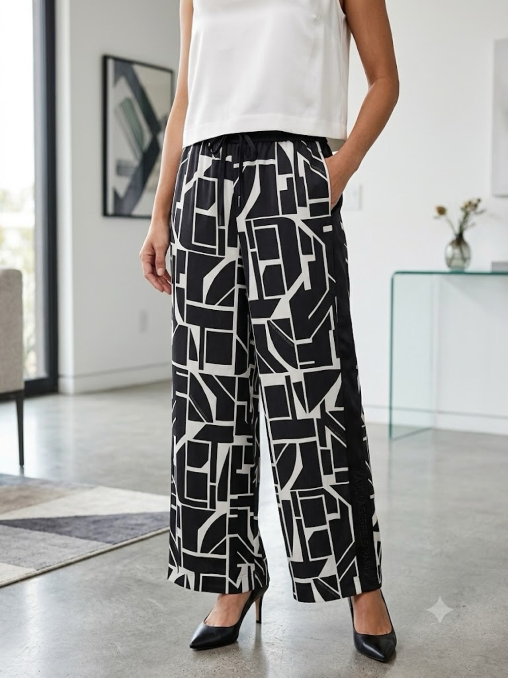 Karl Lagerfeld Paris Black White Geometric Wide Leg Pants Size L